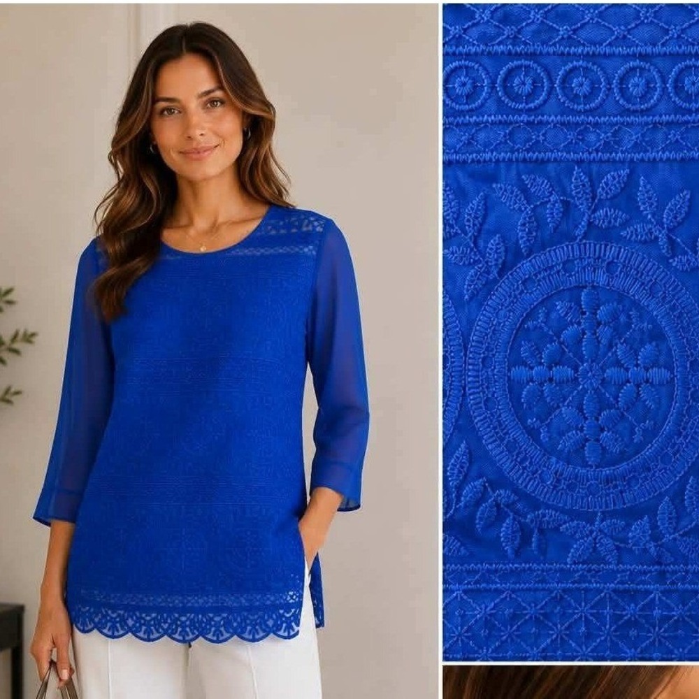 Mango MNG Suit Royal Blue Embroidered Tunic Top Sheer 3/4 Sleeve Scalloped Hem S